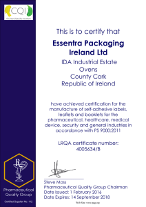 Essentra Packaging Ireland Ltd This is to certify that IDA Industrial Estate