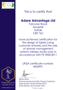 Adare Advantage Ltd This is to certify that