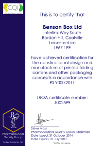 Benson Box Ltd This is to certify that