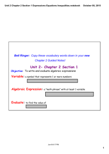 Unit 2- Chapter 2 Section 1 Variable Algebraic Expression Evaluate
