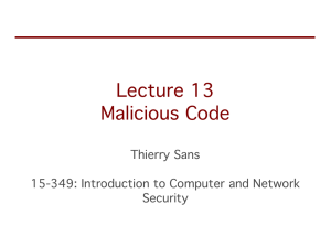 Lecture 13 Malicious Code Thierry Sans 15-349: Introduction to Computer and Network