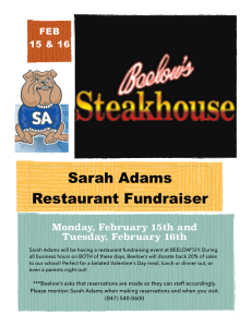 Sarah Adams Restaurant Fundraiser ! Monday, February 15th and