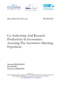 Co-Authorship And Research Productivity In Economics: Assessing The Assortative Matching Hypothesis