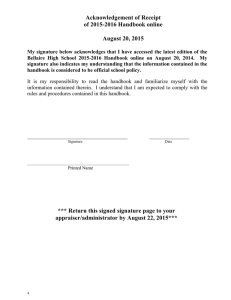 Acknowledgement of Receipt of 2015-2016 Handbook online  August 20, 2015
