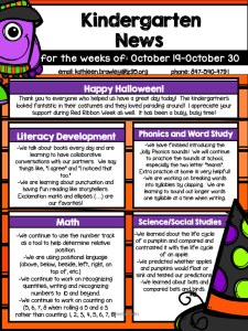 Kindergarten  News for the weeks of: October 19-October 30