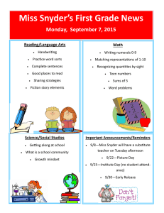 Miss Snyder’s First Grade News Monday,  September 7, 2015 Reading/Language Arts Math