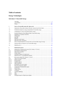 Table of contents Energy Technologies Subvolume C: Renewable Energy