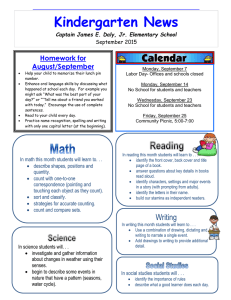 Kindergarten News Homework for August/September Captain James E. Daly, Jr. Elementary School