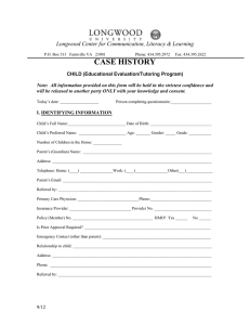 Child Case History Form for Tutoring