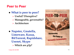 Peer to Peer What is peer to peer? Napster, Gnutella, Limeware, Kazaa,