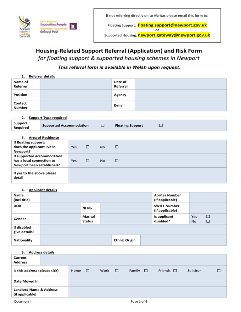 Floating Support FS1 Single Referral Application And Risk Form Jan 2016