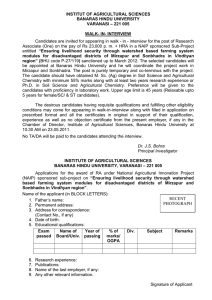 Walk - in - interview for the post of Research Associate in a NAIP sponsored Sub-Project entitled "Ensuring livelihood security through watershed based farming system modules for disadvantaged districts of Mirzapur and Sonbhadra in Vindhyan region"