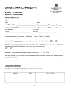SERVICE LEARNING AT MARQUETTE Student Coordinator  Application for Employment