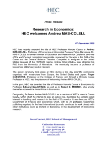 Research in Economics: HEC welcomes Andreu MAS-COLELL  Press  Release