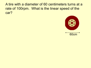 A tire with a diameter of 60 centimeters turns at... rate of 100rpm.  What is the linear speed of... car?