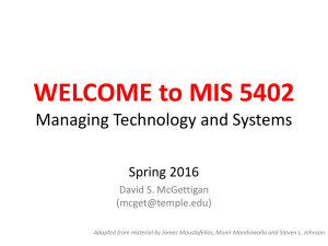 WELCOME to MIS 5402 Managing Technology and Systems Spring 2016 David S. McGettigan