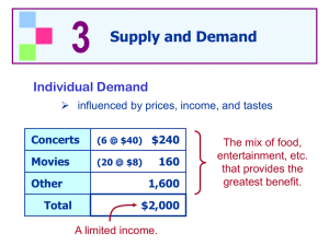 3 Supply and Demand Individual Demand  influenced by prices, income, and tastes