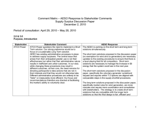 – AESO Response to Stakeholder Comments Comment Matrix Supply Surplus Discussion Paper