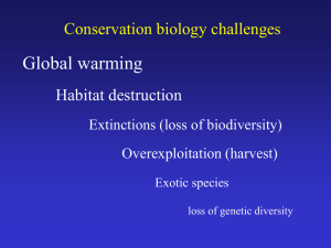 Global warming Habitat destruction Conservation biology challenges Extinctions (loss of biodiversity)