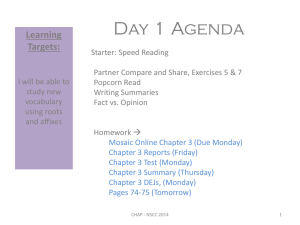 Day 1 Agenda Learning Targets: