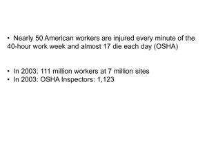 • Nearly 50 American workers are injured every minute of... 40-hour work week and almost 17 die each day (OSHA)