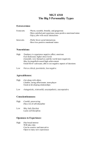 MGT 4310 The Big 5 Personality Types Extraversion: