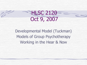 HLSC 2120 Oct 9, 2007 Developmental Model (Tuckman) Models of Group Psychotherapy