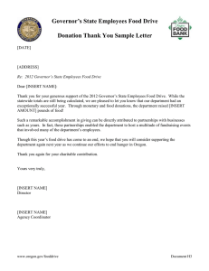Governor’s State Employees Food Drive  Donation Thank You Sample Letter