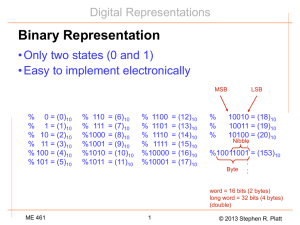 Binary Representation Digital Representations • Only two states (0 and 1)
