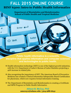 FALL 2015 ONLINE COURSE BINF 6300: Intro to Public Health Informatics
