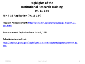 Highlights of the Institutional Research Training PA-11-184 NIH T-32 Application (PA 11-184)