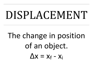 DISPLACEMENT The change in position of an object. ∆x = x