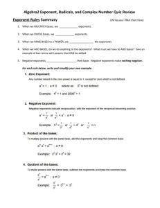 Algebra2 Exponent, Radicals, and Complex Number Quiz Review Exponent Rules Summary