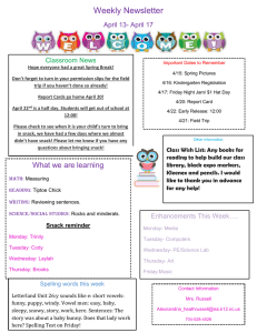 Weekly Newsletter April 13- April 17 Classroom News