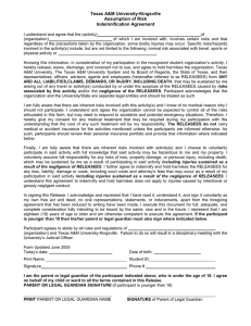 Texas A&amp;M University-Kingsville Assumption of Risk Indemnification Agreement