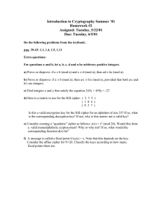 Introduction to Cryptography Summer ’01 Homework #2 Assigned: Tuesday, 5/22/01 Due: Tuesday, 6/5/01