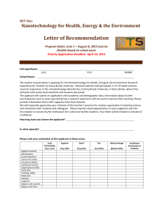 Letter of Recommendation Nanotechnology for Health, Energy &amp; the Environment RET Site: