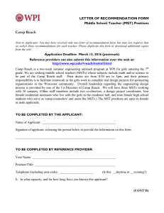 Camp Reach LETTER OF RECOMMENDATION FORM Middle School Teacher (MST) Positions
