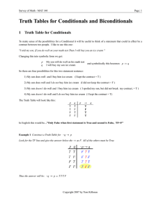 Truth Tables for Conditionals and Biconditionals