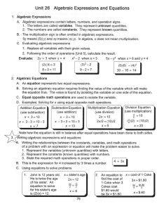 Unit 26 Algebraic Expressions and Equations