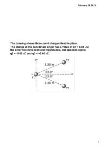 The drawing shows three point charges fixed in place. The charge at