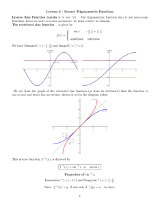 Lecture 6 : Inverse Trigonometric Functions Inverse Sine Function