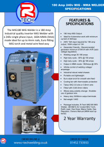 R-Tech MIG180 Inverter Mig Welder Specification Sheet