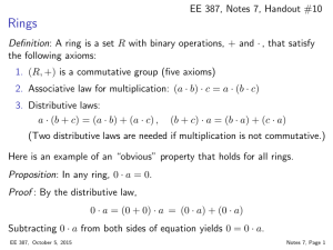 EE 387, Notes 7, Handout #10 Definition: A ring is a set R with