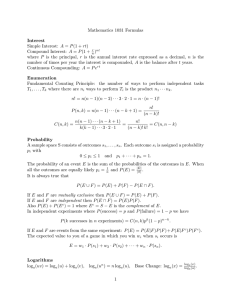 Mathematics 1031 Formulas Interest Simple Interest: A = P(1 + rt