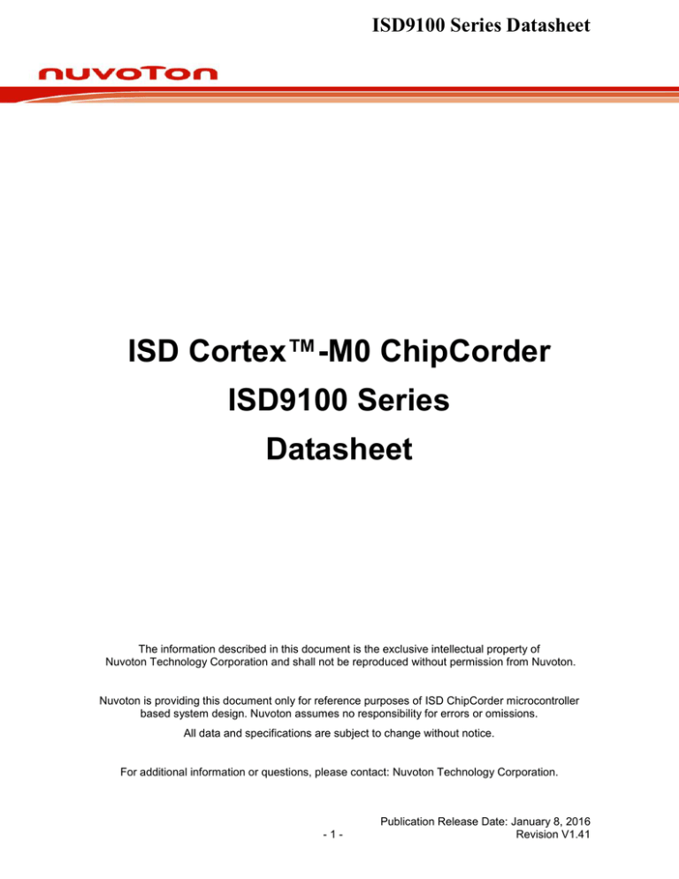 ISD Cortex M0 ChipCorder ISD9100 Series Datasheet