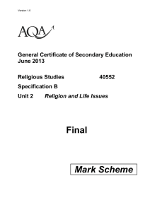 Mark scheme Unit 02 - Religion and Life Issues (40552) June