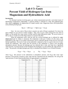 Lab # 3: Gases Percent Yield of Hydrogen Gas from Magnesium and
