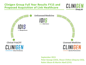 Clinigen Group Full Year Results FY15 and Proposed Acquisition of