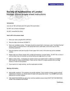 Society of Apothecaries of London Multiple choice answer sheet